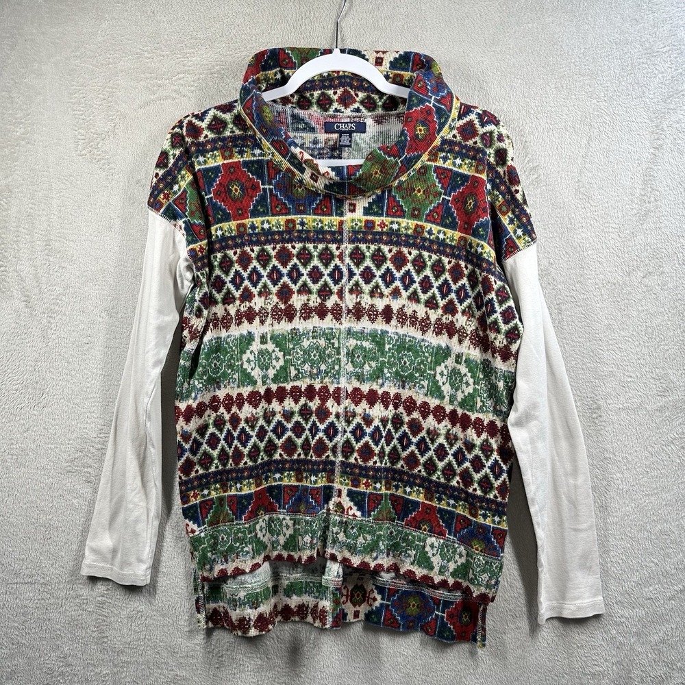 CHAPS Waffle Knit Cowl Neck Top Women's M Aztec Southwest Tribal‎